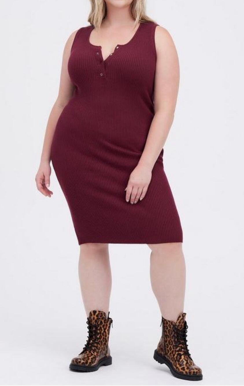 NWT Torrid Women 1X Maroon Burgundy Sleeveless Ribbed Stretch Knit Sweater Dress